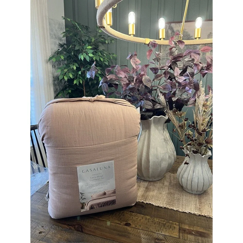 Queen Heavyweight Linen Blend Comforter and Sham Set Light Adobe Clay - NEW